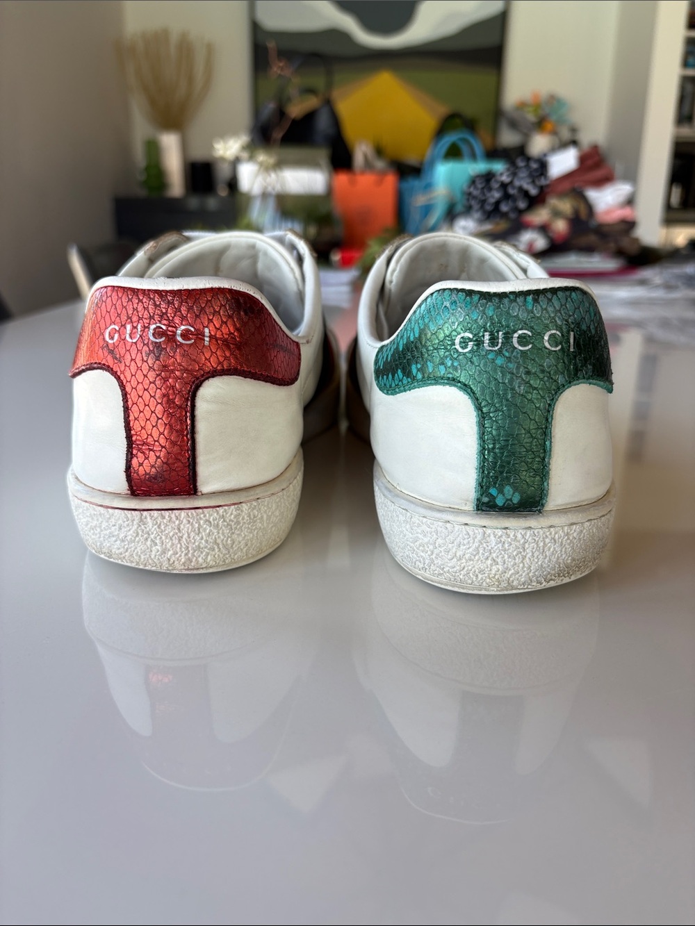 Gucci White Leather Sneakers with Green and Red Web and Gold Bee - Picture 5 of 8